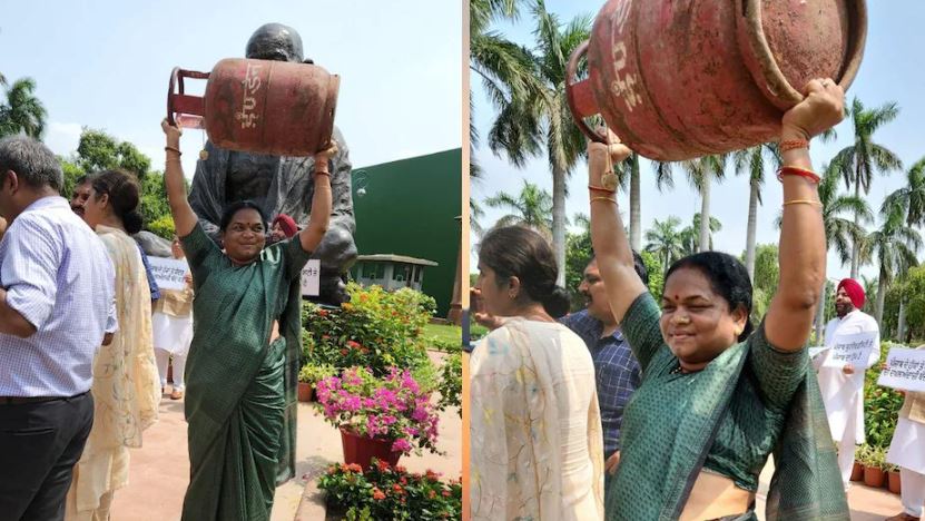 महंगाई के मुद्दे पर विपक्ष ने केंद्र सरकार को घेरा, गैस सिलेंडर लेकर ‘बाहुबली’ मोड में महिला सांसद ने संसद में किया प्रोटेस्ट 