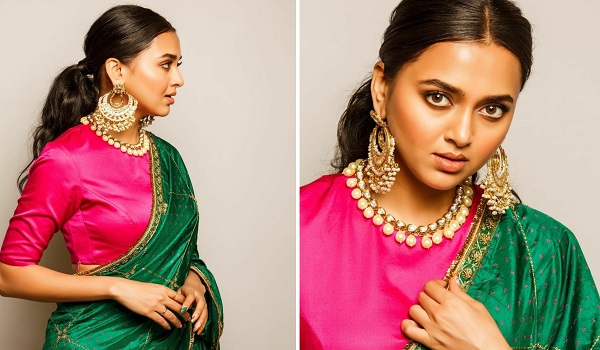 Tejasswi Prakash Photos : ग्रीन साड़ी में खूबसूरत लग रही हैं तेजस्वी प्रकाश, मोती से जड़ा हार और झूमके पहन खूब दिए पोज