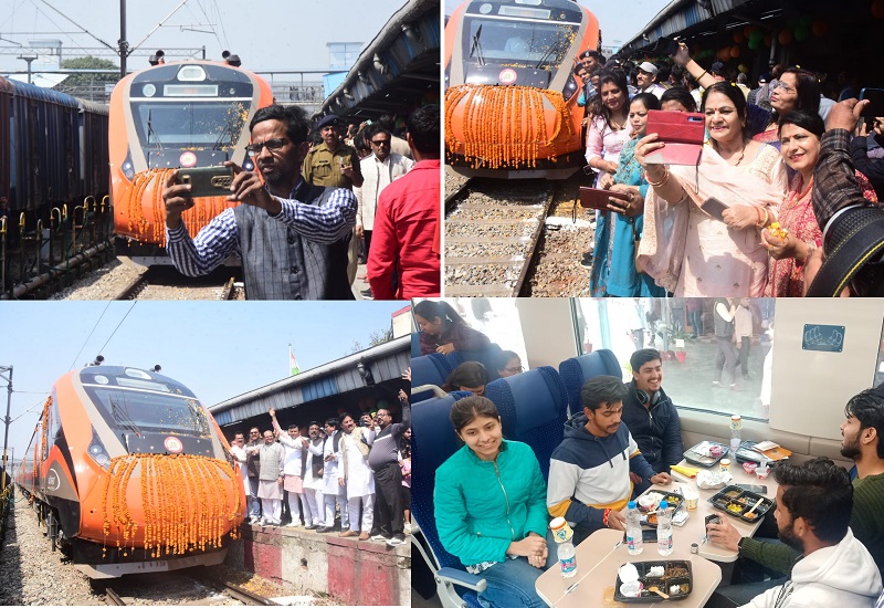मुरादाबाद से रवाना हुई पहली वंदे भारत ट्रेन, ढोल नगाड़ों के साथ किया भव्य स्वागत...ली सेल्फी