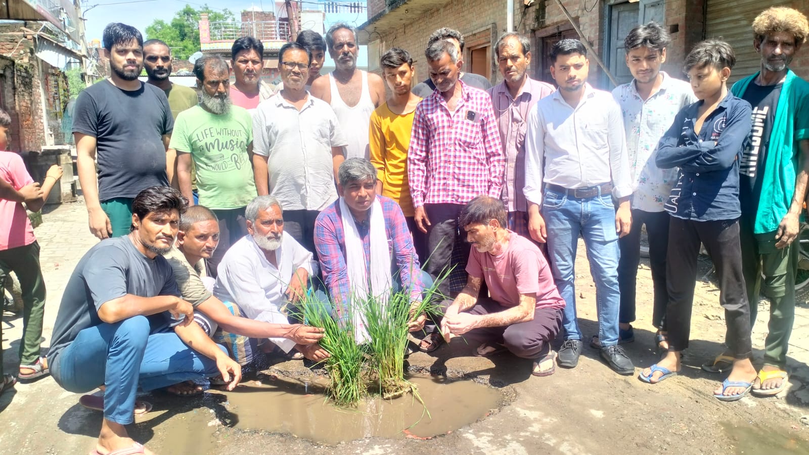 कासगंज: सपा के राष्ट्रीय प्रवक्ता का अनोखा प्रदर्शन, सड़क पर पानी भरे गड्ढे में रोपे धान के पौधे